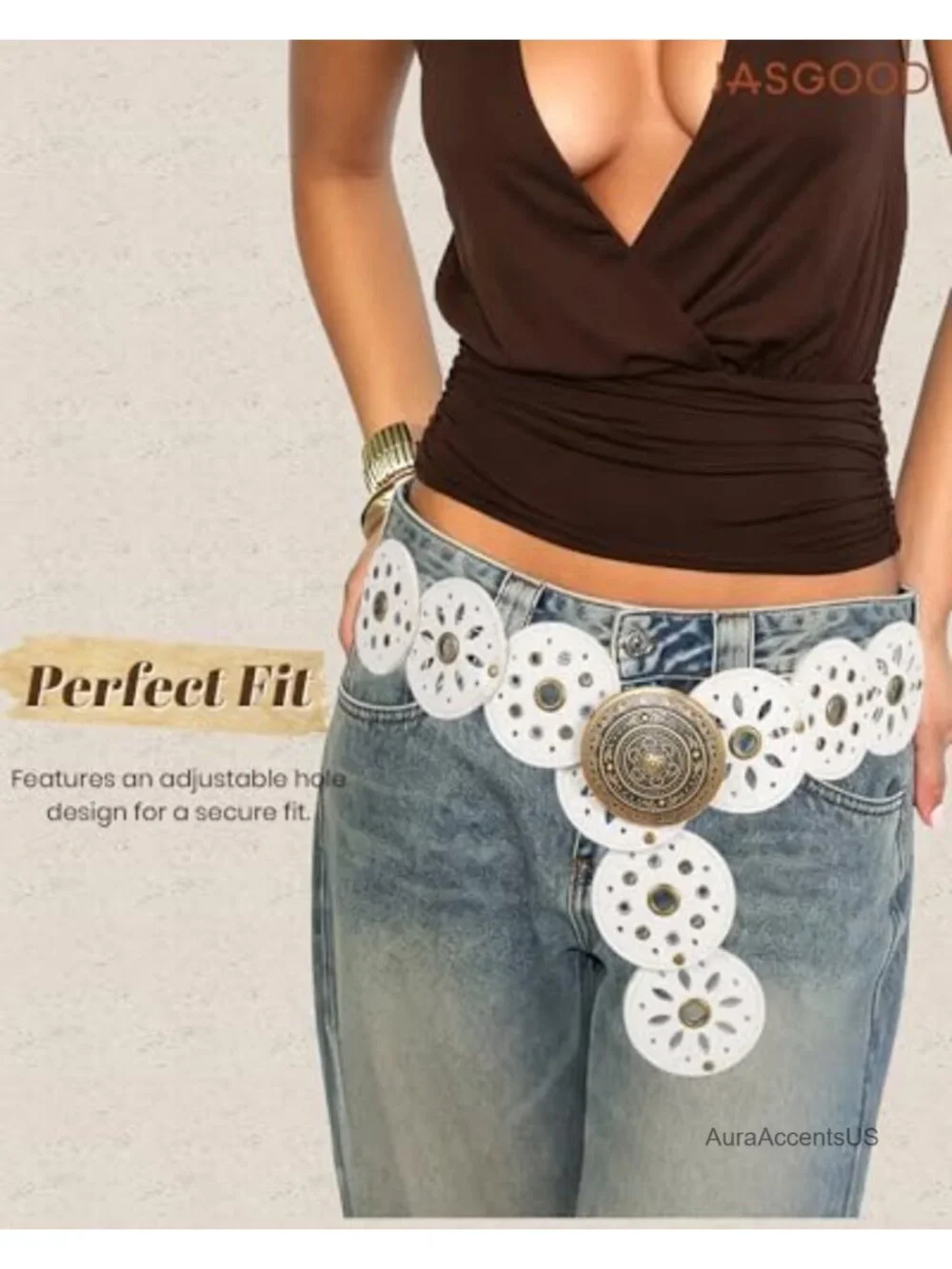 Women's PU Leather Western Cowgirl Disc Belt, Vintage, Rotating Discs